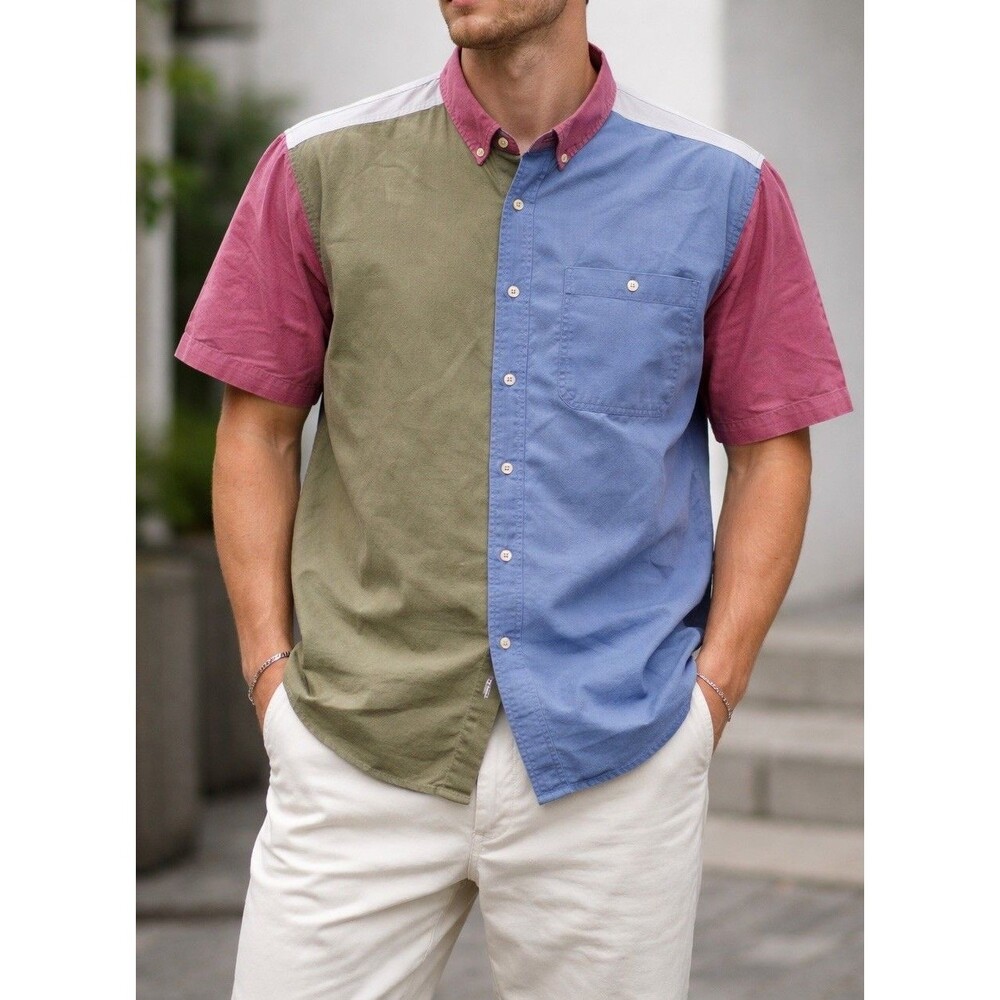 J. Riggings Retro 90s Button Up Shirt Mens Medium Short Sleeve Color Block Ramie